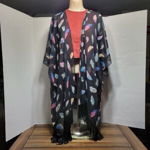 Xhilaration Sheer Cover Jacket w/Fringe, Black w/Feathers - Size L/XL